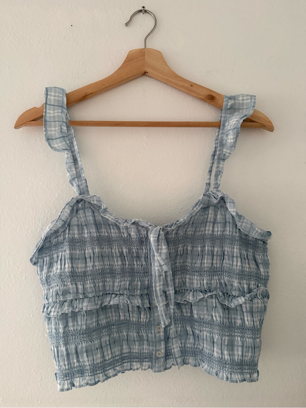American Eagle Outfitters Light Blue Plaid Ruffle Smocked Crop Top